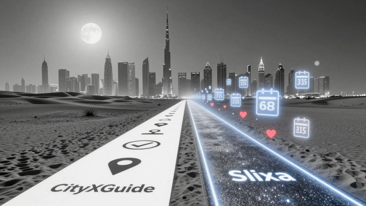 Dual-path concept: clean monochrome CityXGuide route vs. neon-lit Slixa path leading to Dubai skyline.